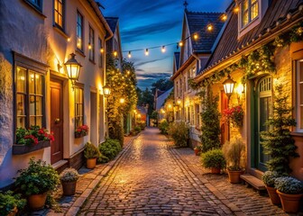 Fototapeta premium Cozy Night Street with Quaint Houses and Lanterns
