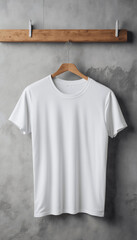 Blank white t-shirt on a wooden hanger with a cement wall texture background, ready for apparel design presentation