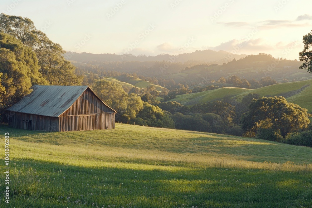 Wall mural a weathered wooden barn stands alone on a grassy hill overlooking a valley, bathed in soft golden li