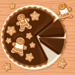 Chocolate Christmas cake with gingerbread men and cookies shaped stars on wooden table. Top view