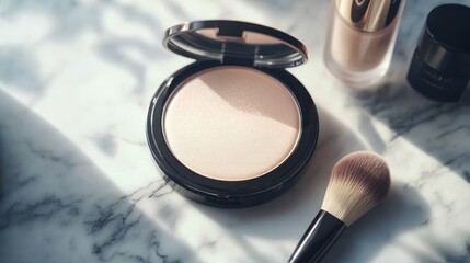 Compact Powder Makeup and Brush on Marble Surface