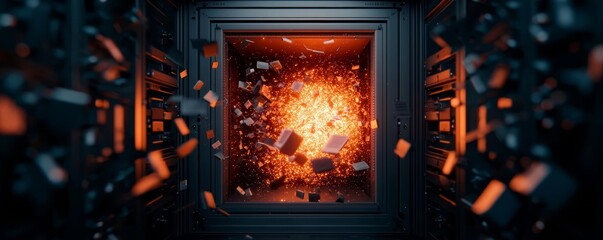 Fototapeta premium Holographic vault door burst open with data spilling out, data breach, security failure