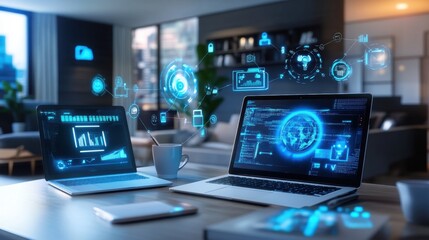 Futuristic Technology Workspace with Holographic Displays