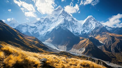 Snow-capped Mountain Range with Grassy Foreground and a Glacier Valley