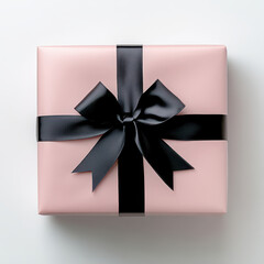 Beautifully wrapped gift box in soft pink with sleek black ribbon, perfect for any occasion. This elegant packaging adds touch of sophistication to your presents
