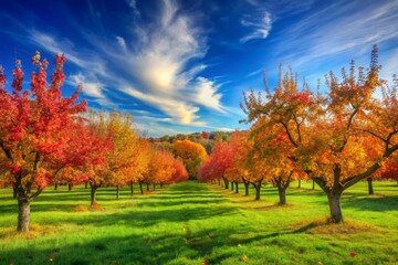 Serene Apple Orchards Under a Blue Skyline on a Fall Afternoon - Captivating Landscape, Autumn Colors, Nature Beauty, Scenic Views