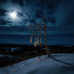 Obraz premium Mysterious dark winter night landscape featuring golden bells hanging from a lone bare tree illuminated by a bright full moon over a snow-covered field.