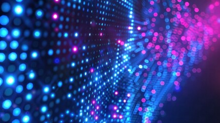 Abstract digital background with vibrant blue and pink dot patterns.