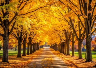 Serene Autumn Pathway with Maple Trees Adorned in Golden Leaves, Capturing the Essence of Fall in a Tranquil Park Setting for Nature Lovers