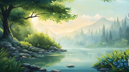 A serene landscape with a river and a tree