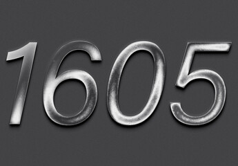 Chrome metal 3D number design of 1605 on grey background.