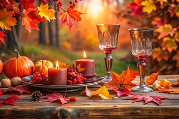 Serene Autumn Table Arrangement with Vibrant Leaves, Elegant Glassware, and Rustic Decor for Cozy Gatherings