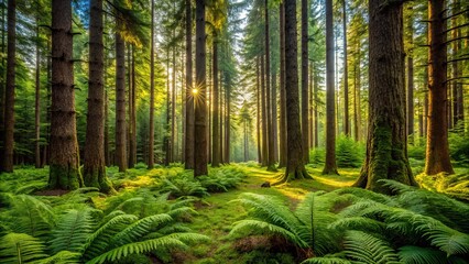 Serene Oregon Forest with Evergreen Trees and Vibrant Ferns Bathed in Natural Light