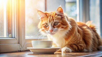 Cute Ginger Cat Drinking Milk from White Bowl on Window Sill - Fluffy Thirsty Pet, Cozy Home Environment, Adorable Feline Portrait, Perfect for Animal Lovers and Cat Enthusiasts