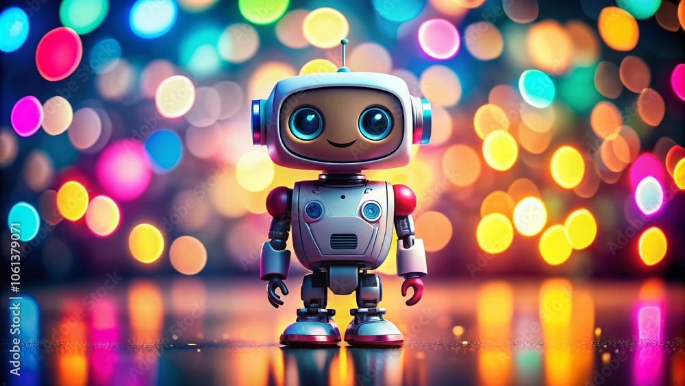 Poster cute robot with bokeh effect on a simple colorful background, ideal for ads and banners featuring ge