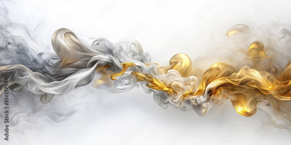Poster soft, ethereal smoke of silver and gold dances on a white background, creating a cloudy wave texture