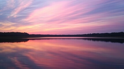Obraz premium Pink Sunset Reflected in Still Lake Water