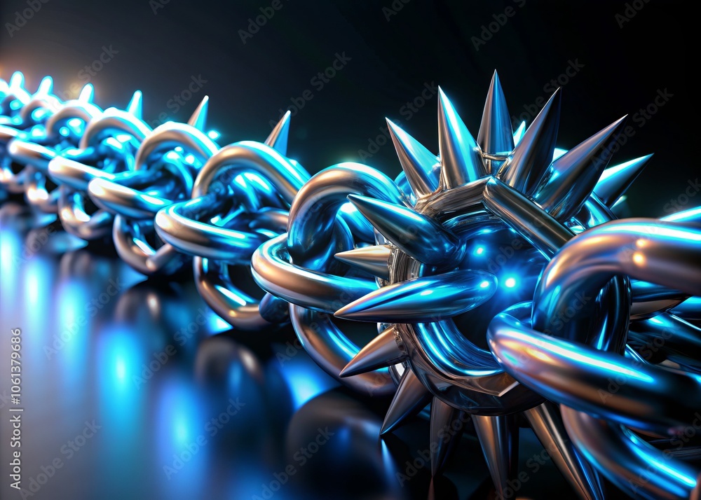 Poster spiky blue chrome chains contrast against a dark backdrop, creating a dynamic 3d texture ideal for m