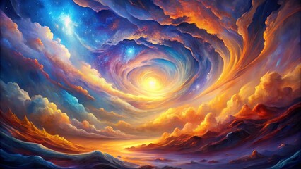 A swirling vortex of celestial hues, a tapestry of clouds and stars, paints a breathtaking panorama of a vibrant sky