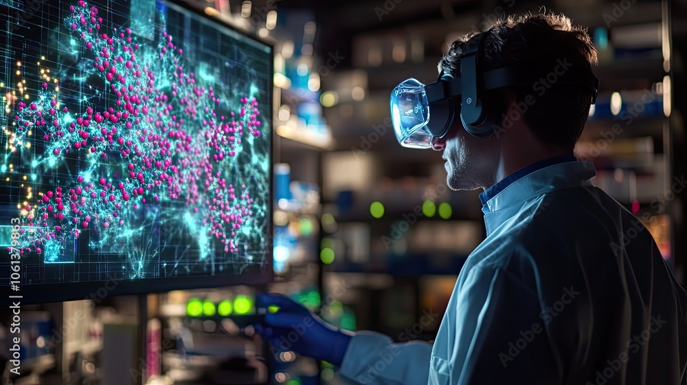 Poster a scientist wearing vr headset interacts with a digital representation of a molecular structure on a