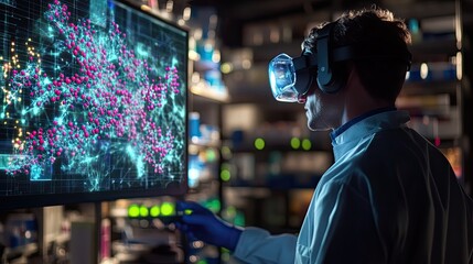 A Scientist Wearing VR Headset Interacts with a Digital Representation of a Molecular Structure on a Computer Screen