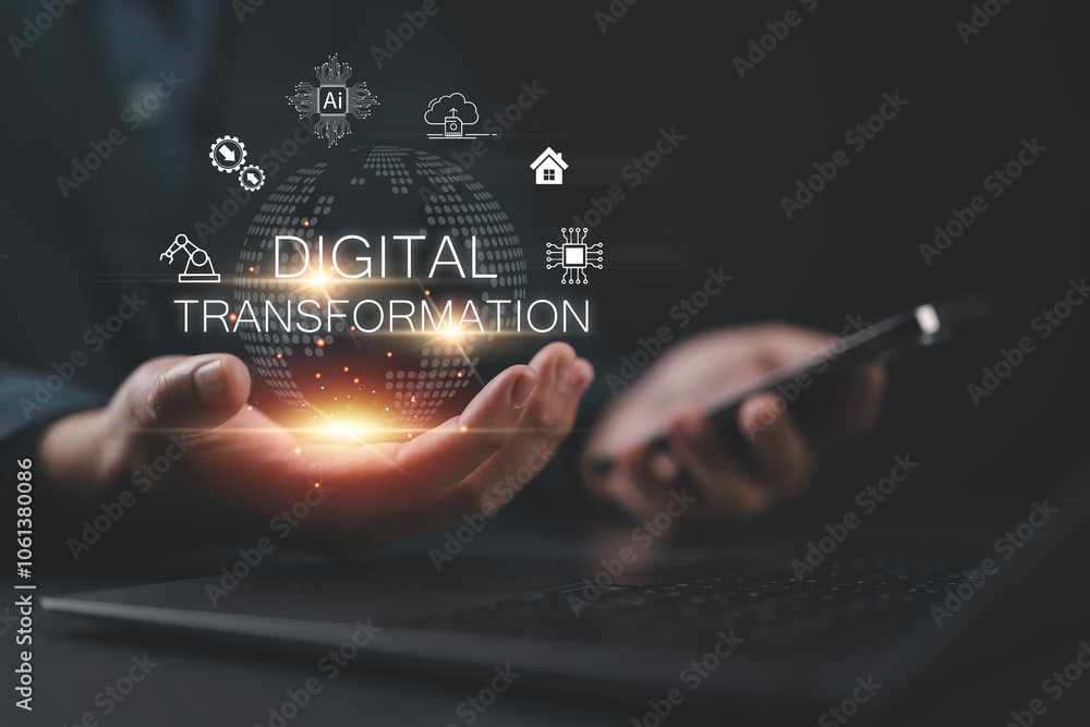 Fototapete Digital transformation and digitalization technology. Businessman use smartphone with virtual digital transformation icon for digital transformation technology strategy, IoT, internet of things.