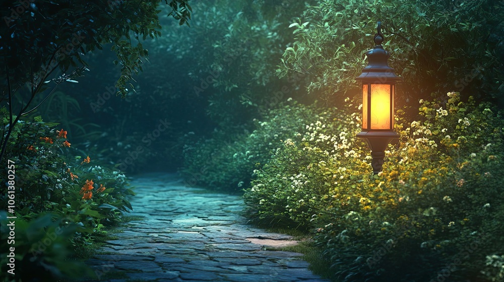 Poster illuminated stone path in a misty forest with a lantern