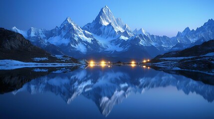 A breathtaking view of snow covered mountain peaks towering over a serene lake, with the clear blue sky reflected on the waters surface creating a peaceful and tranquil scene.