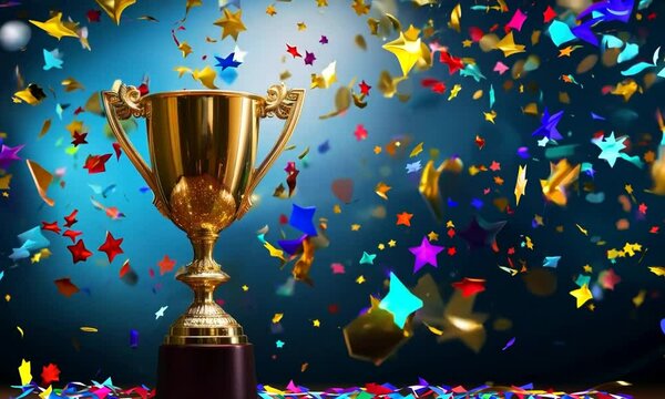 Champion golden trophy with gold stars on blue dark background. Generative AI