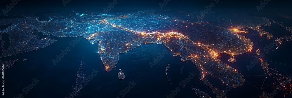 Poster digital map of asia with glowing connections representing global network