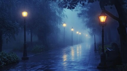 Foggy Night Path with Glowing Streetlamps