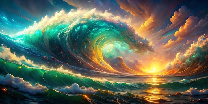 A majestic wave crashes against the horizon, painting the sky with vibrant hues of emerald green, gold, and crimson as the sun sets, casting a radiant glow across the shimmering water.