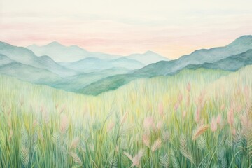 Fototapeta premium Landscape grass field mountain outdoors painting.