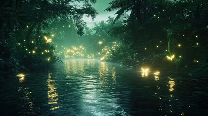 Glowing Fireflies Over a Calm River in a Lush Rainforest