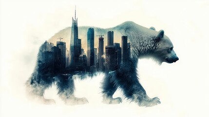Polar bear silhouette, icy skyscrapers within, double exposure, urban arctic, frosty cityscape