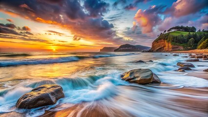 Fototapeta premium Stunning Sunrise Seascape at Avalon, Northern Beaches Sydney NSWA Long Exposure of Waves, Rocks, and Tranquil Ocean at Dawn, Scenic Landscape, Nature Photography