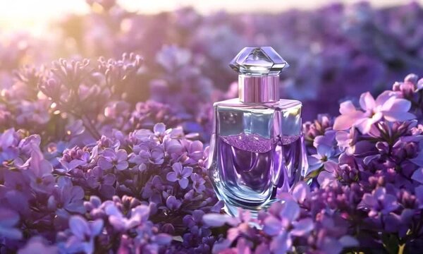 Perfume bottle in flowers fragrance on blooming background floral scent and cosmetic product. Generative AI