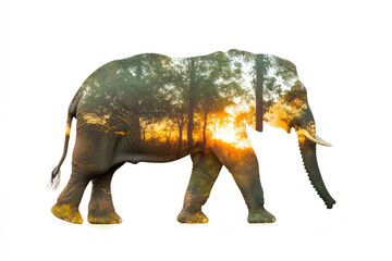 Fototapeta premium Full-Body Side Silhouette of Elephant with Double Exposure of Coniferous Forest on White Background