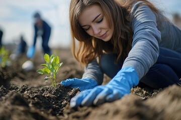 Young woman planting saplings in soil outdoors