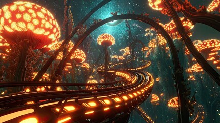 Obraz premium A Futuristic Pathway Through Glowing Mushroom Forest
