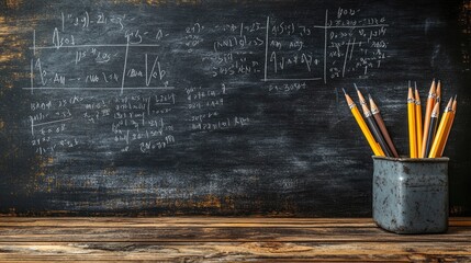 A collection of pencils in an old tin can, on a wooden table, in front of a chalkboard with math equations written on it.