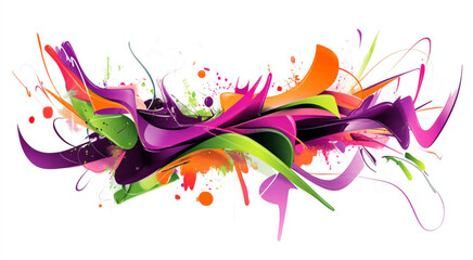 Fototapeta premium spray paint, smoke, and vector lines across a white background, purple, lime green, strawberry-color vibrant