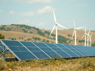 A hybrid renewable energy scene featuring both solar panels and wind turbines in a rural landscape. Ai Generate.