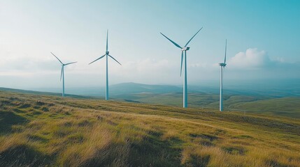 Obraz premium Wind turbines stand tall on a grassy hill, a symbol of renewable energy and a clean future.