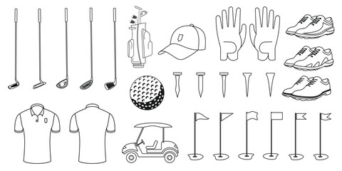 golf set design, simple outline style, editable vector eps 10.