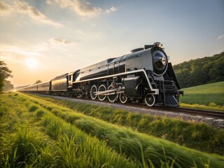 Fototapeta premium A sleek black and silver bullet train speeds through a scenic landscape showcasing modern travel design