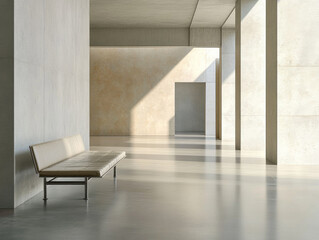 Fototapeta premium Minimalist interior design featuring a simple bench in a spacious, modern architecture setting