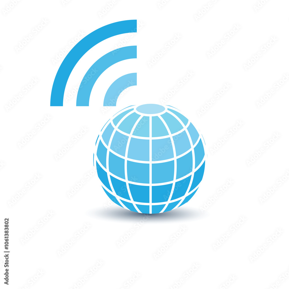 Poster this is a logo design of a globe shape with a wi-fi signal on top of it in blue color on a white bac