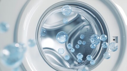 Interior with washing machine and soap bubbles,Vector realistic automatic washing machine with a front loading with blue soup bubbles,Realistic vector illustration,Home appliance concept.