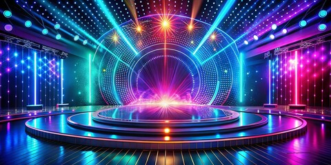 A circular stage bathed in vibrant neon light, with a circular backdrop of sparkling lights and dazzling beams converging at the center, creating a dramatic and futuristic ambiance.